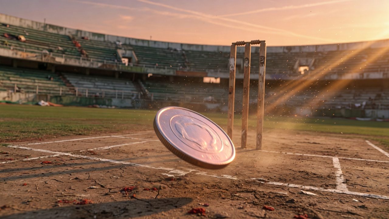 Coin toss on a cricket field before an Indian night match